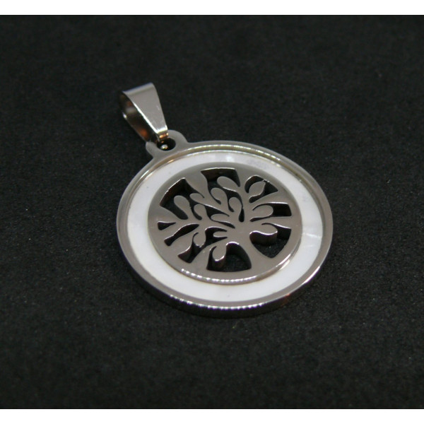 S11752803 PAX 1 Pendentif, Médaillon Nacre et Arbre 23 mm,  Acier Inoxydable coloris Doré