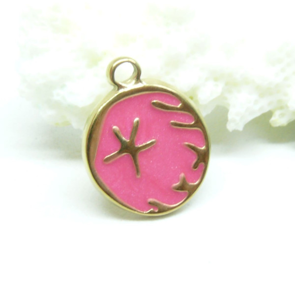 Pendentif Soleil Résine Émaillée ROSE 15mm – Acier Inoxydable Doré à l'or fin 18K