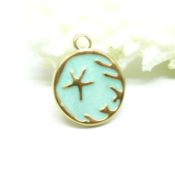 Pendentif Soleil en résine émaillé Bleu 16mm en Acier Inoxydable 304 finition Doré 18KT