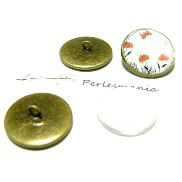 20 pièces: 10 Supports de boutons à coudre 18mm bronze + 10 cabochons verre transparents 18mm