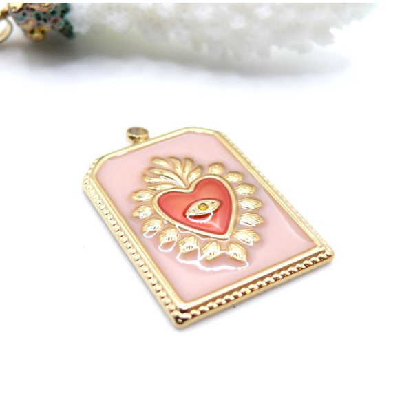 Pendentif Rectangle Cœur Ex Voto 28mm, résine émaillée – Acier Inoxydable 304 Doré à l’or fin 18K, Placage IONIQUE