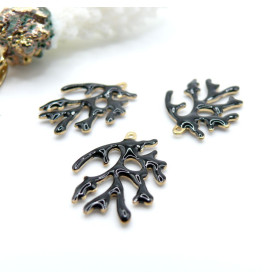 Pendentifs Branche de Corail 20 x 15 mm – Résine Émaillée NOIR, Laiton Doré