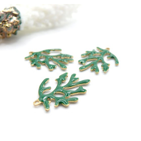 Pendentifs Branche de Corail 20 x 15 mm – Résine Émaillée VERT, Laiton Doré