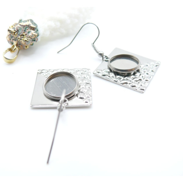 Supports de Boucles d’oreilles Carré martelé 12 mm – Acier Inoxydable 304 Argenté