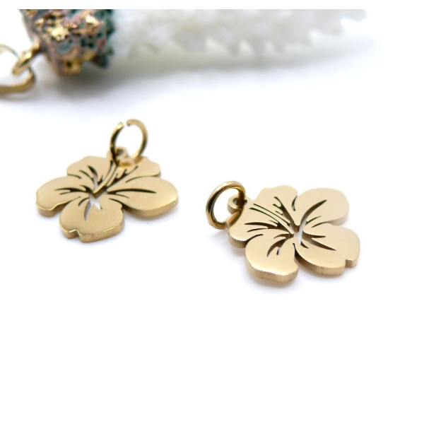 Pendentifs avec anneau  Fleur d’Hibiscus 14 mm – Acier Inoxydable 304 Doré à l’Or Fin 18K, Placage Ionique