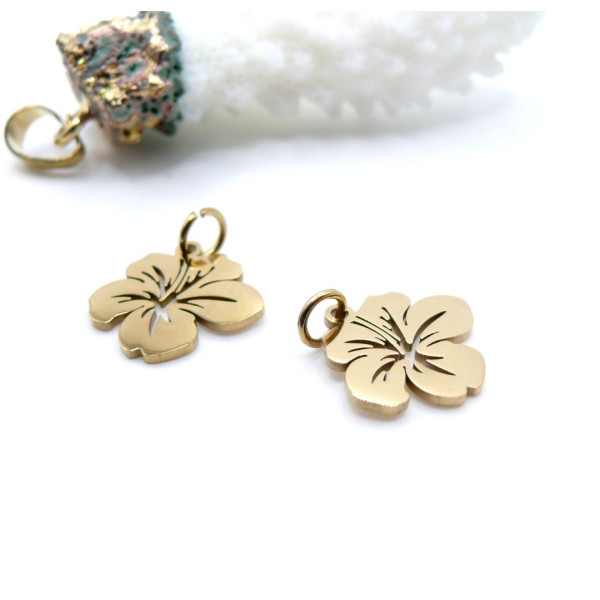 Pendentifs avec anneau  Fleur d’Hibiscus 14 mm – Acier Inoxydable 304 Doré à l’Or Fin 18K, Placage Ionique