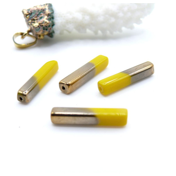 Perles en verre Tube rectangle 20mm coloris Jaune et Doré