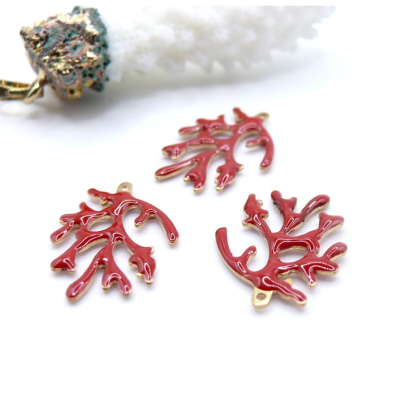 Pendentifs Branche de Corail 20 x 15 mm – Résine Émaillée ROUGE, Laiton Doré