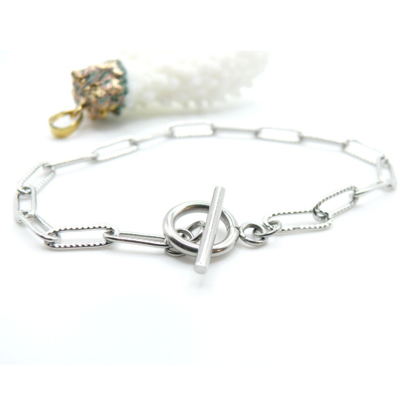 Bracelets  19.5cm maille rectangle 12mm et T Toggle  – Acier Inoxydable 304 Argenté