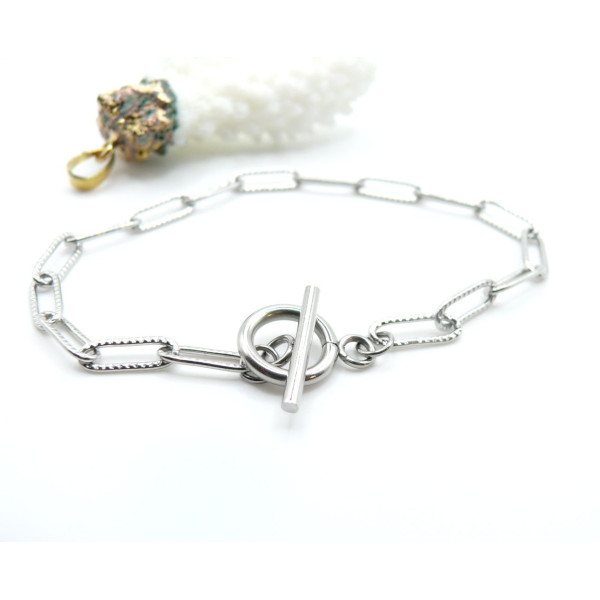 Bracelets  19.5cm maille rectangle 12mm et T Toggle  – Acier Inoxydable 304 Argenté