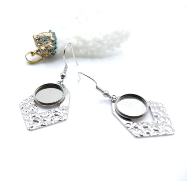 Supports de Boucles d’Oreilles Polygone Martelé 12 mm – Acier Inoxydable 304 Argenté