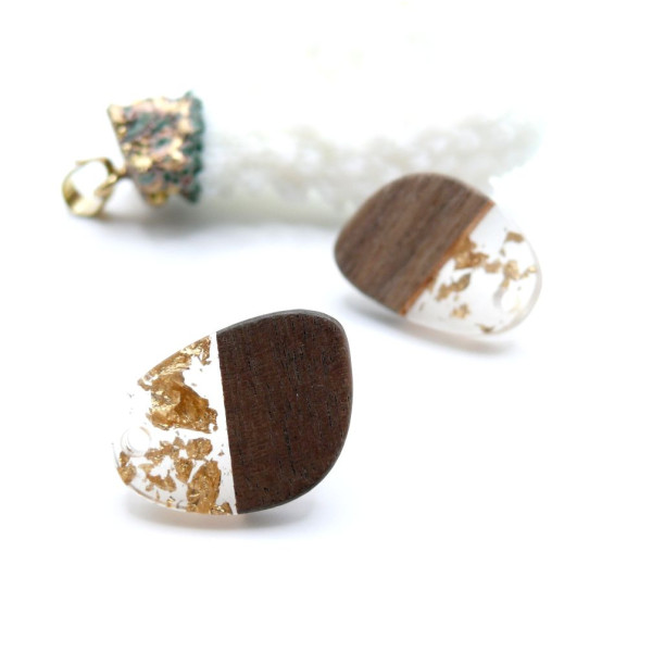 Boucles d’Oreille Puce Galet bois et résine avec inclusion 10 par 23mm – Bois Naturel avec Trou