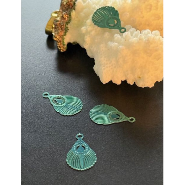 Pendentifs estampes petites plumes de Paon  17 mm – Acier inoxydable, Vert Bleu