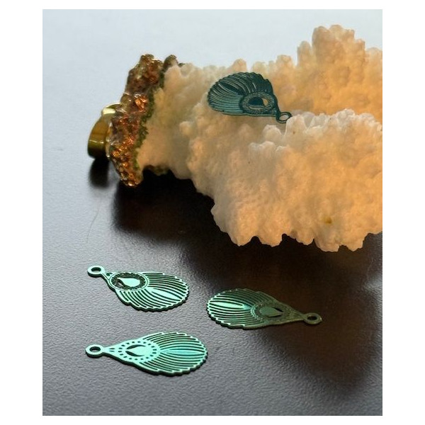 Pendentifs estampes petites plumes de Paon  17 mm – Acier inoxydable, Vert Bleu