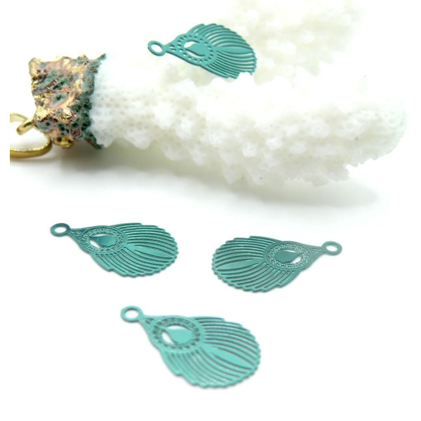 Pendentifs estampes petites plumes de Paon  17 mm – Acier inoxydable, Vert Bleu