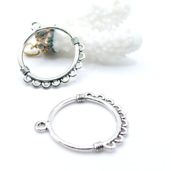 Pendentifs connecteur ETHNIQUE, Rond BOHO CHIC métal couleur ARGENT ANTIQUE