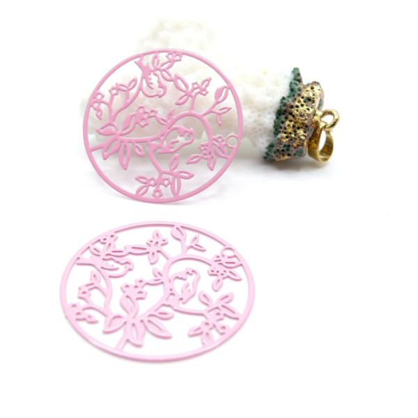 Estampes Pendentifs Oiseau sur Branche 31mm Métal Finition Rose