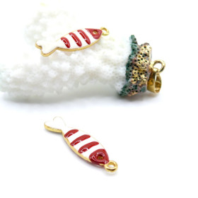 Pendentifs Poisson Rayé 26mm – Résine Émaillée Rouge & Métal Placage Doré