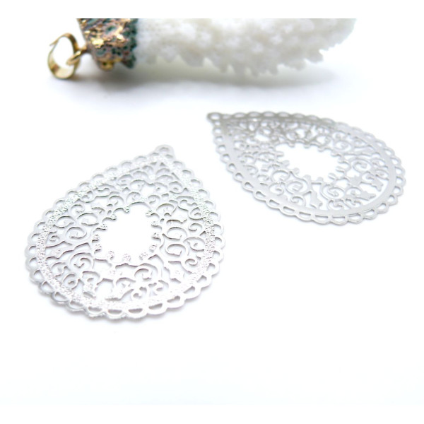 Estampes Pendentifs Filigrane Mandala goutte  35 mm – Métal Argenté