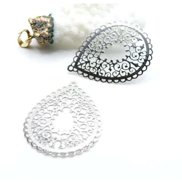 Estampes Pendentifs Filigrane Mandala goutte  35 mm – Métal Argenté