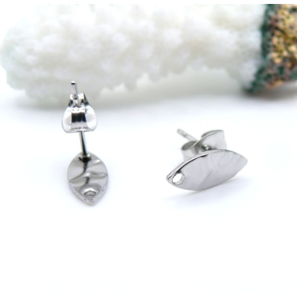 Boucles d’oreilles Puce Navette Martelée 12mm avec Trou et Embouts – Acier Inoxydable 304 Argenté
