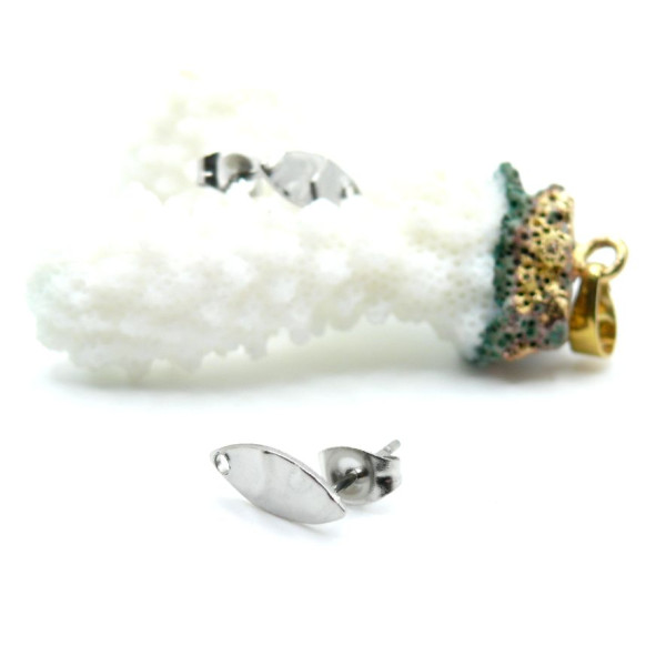 Boucles d’oreilles Puce Navette Martelée 12mm avec Trou et Embouts – Acier Inoxydable 304 Argenté