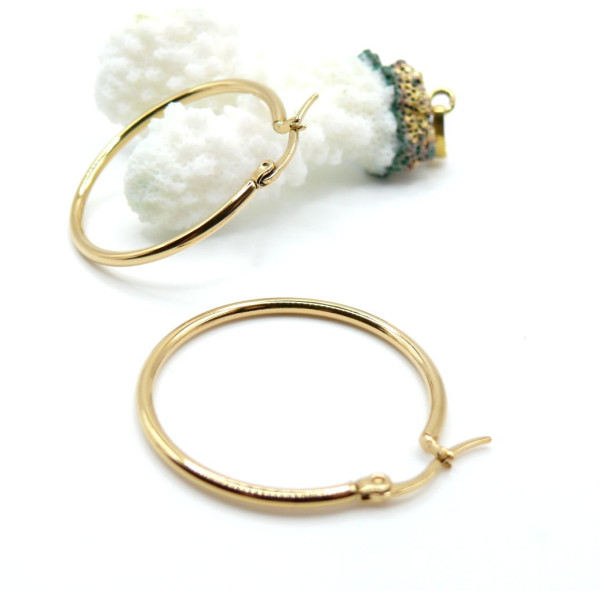 Créoles Rondes 30 x 2 mm – Acier Inoxydable 304 Doré à l’Or Fin 18K, Placage IONIQUE