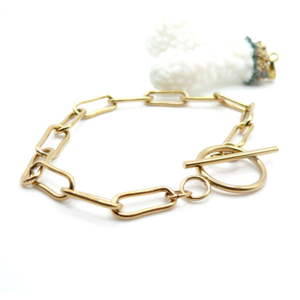 Bracelet 22 cm Maille Ovale Rectangle 16 x 7 mm avec Fermoir T Toggle – Acier Inoxydable 304 Doré