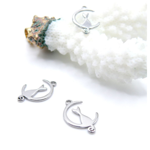 Pendentifs Connecteurs Chat sur Lune 19 mm – Acier Inoxydable Argenté