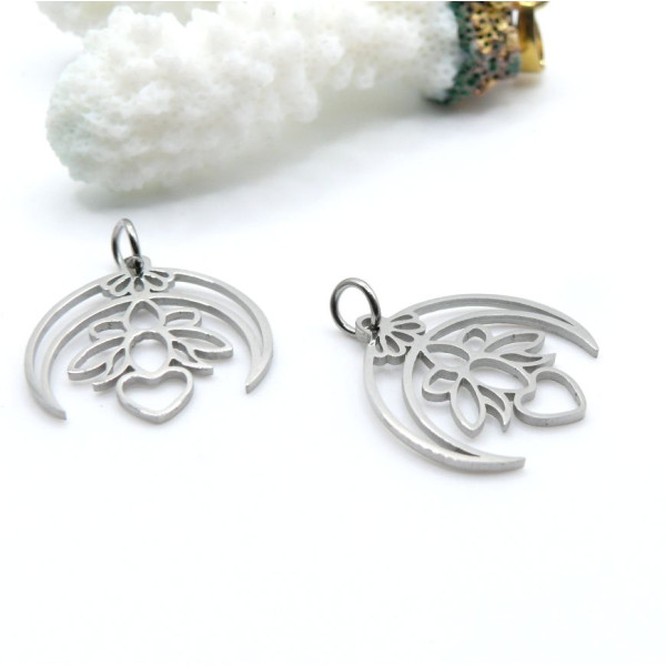 Pendentifs Fleur de Lotus Lune 19.5mm – Acier Inoxydable Argenté
