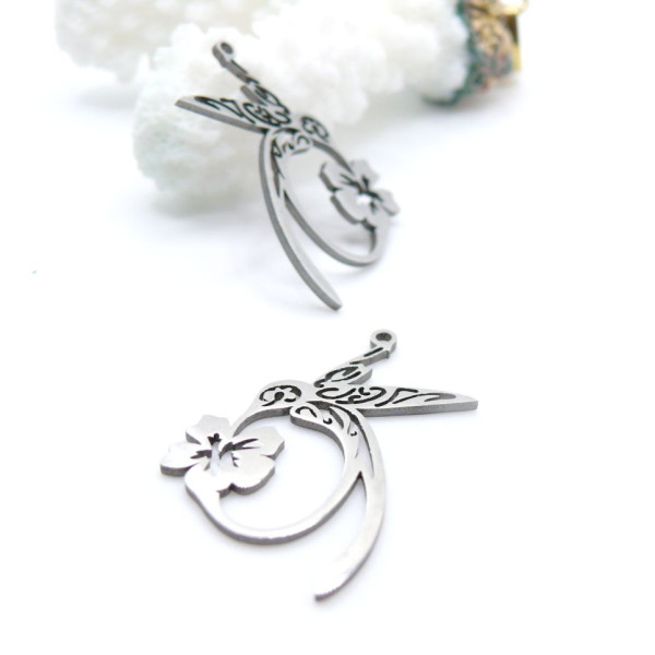 Pendentifs Colibri et Fleur 28x18mm – Acier Inoxydable 304 Argenté