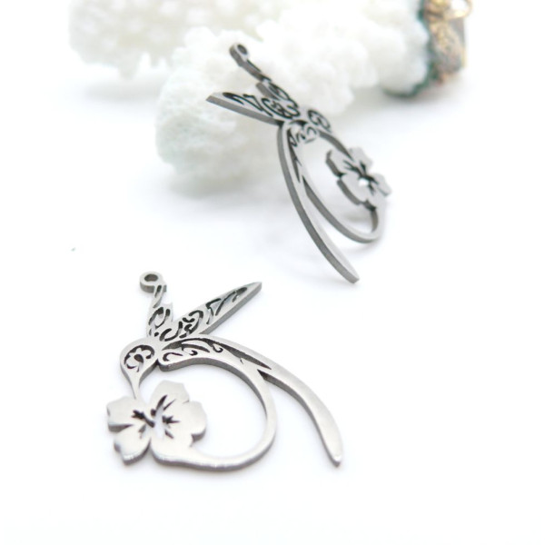 Pendentifs Colibri et Fleur 28x18mm – Acier Inoxydable 304 Argenté