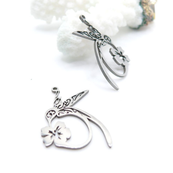 Pendentifs Colibri et Fleur 28x18mm – Acier Inoxydable 304 Argenté