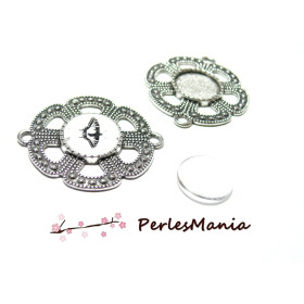 Connecteurs Ronds Fleur Arty Vieil Argent + 2 Cabochons Verre 14mm