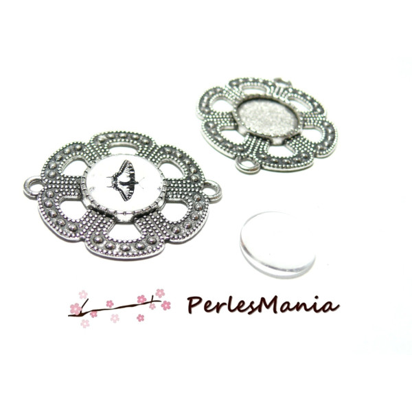 Connecteurs Ronds Fleur Arty Vieil Argent + 2 Cabochons Verre 14mm
