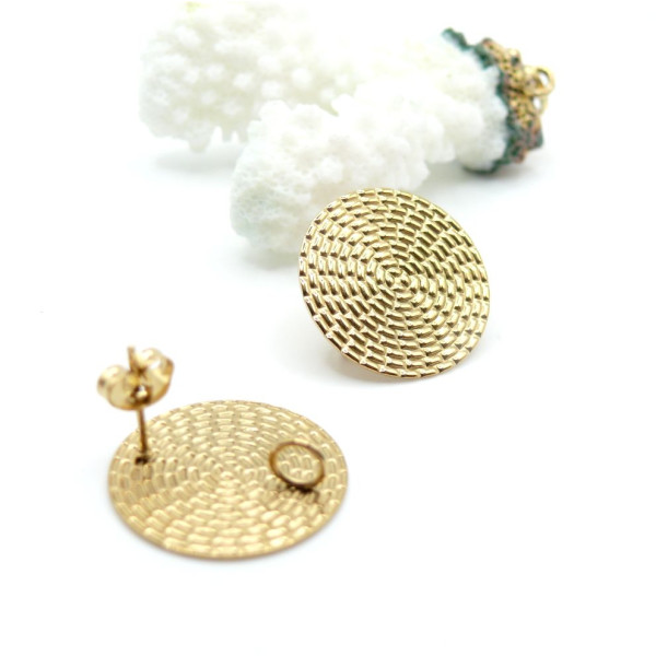 Boucles d’Oreilles Puce Rond Texturé avec Anneau d’Attache 20 mm – Acier Inoxydable 304 Doré