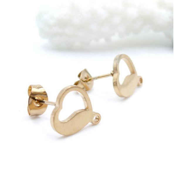 Boucles d’Oreilles Puce  Cœur avec Attache 11 mm – Acier Inoxydable 304 Doré, Ionique