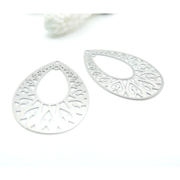 Pendentifs Estampes Forme Goutte avec Arabesque 36 mm – Acier Inoxydable 304 Argenté