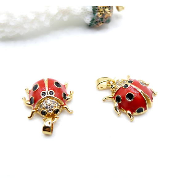 Pendentif avec Bélière Coccinelle avec Strass 21 mm – Résine Émaillée Rouge