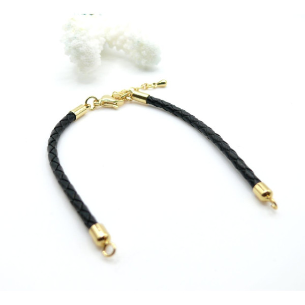 Bracelet Intercalaire Cordon Tressé 3,5 mm en Cuir Véritable – Noir