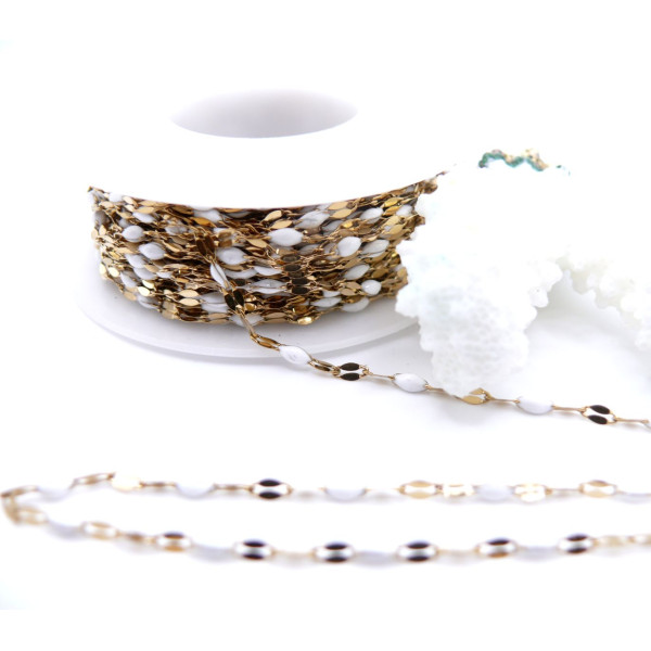 Chaîne Maille Navette avec Résine Émaillée Blanc 10 × 4 mm – Acier Inoxydable 304 Doré IONIQUE