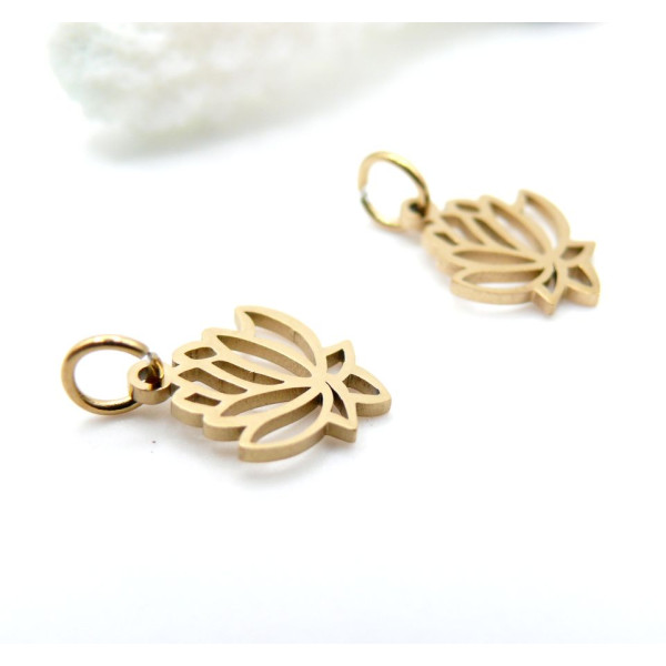 Pendentifs avec Anneau Fleurs de Lotus, Yoga Healing 13 mm – Acier Inoxydable 304 Doré à l’Or Fin 18K, IONIQUE