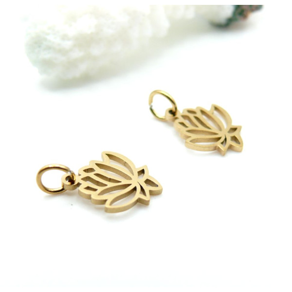 Pendentifs avec Anneau Fleurs de Lotus, Yoga Healing 13 mm – Acier Inoxydable 304 Doré à l’Or Fin 18K, IONIQUE