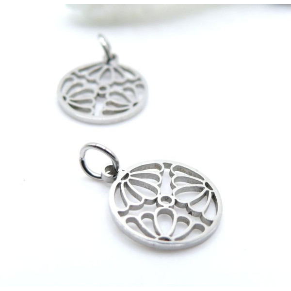 Pendentifs avec Anneau, Fleur de Lotus dans Cercle 12 mm – Acier Inoxydable Argenté