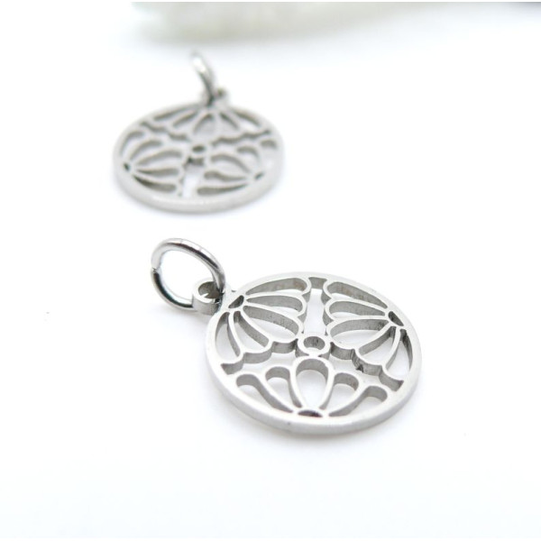 Pendentifs avec Anneau, Fleur de Lotus dans Cercle 12 mm – Acier Inoxydable Argenté