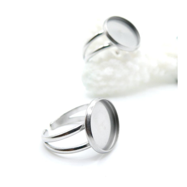 Support de Bague Ajustable pour Cabochon Rond 12 mm, Anneau Double – Acier Inoxydable 304 Argent