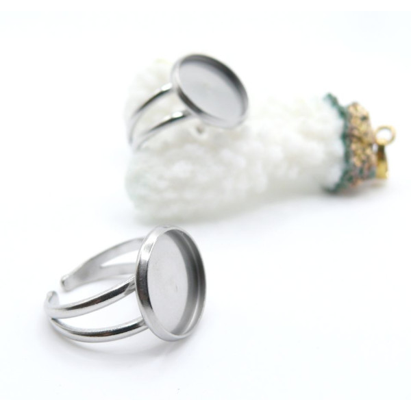 Support de Bague Ajustable pour Cabochon Rond 16 mm, Anneau Double – Acier Inoxydable 304 Argent