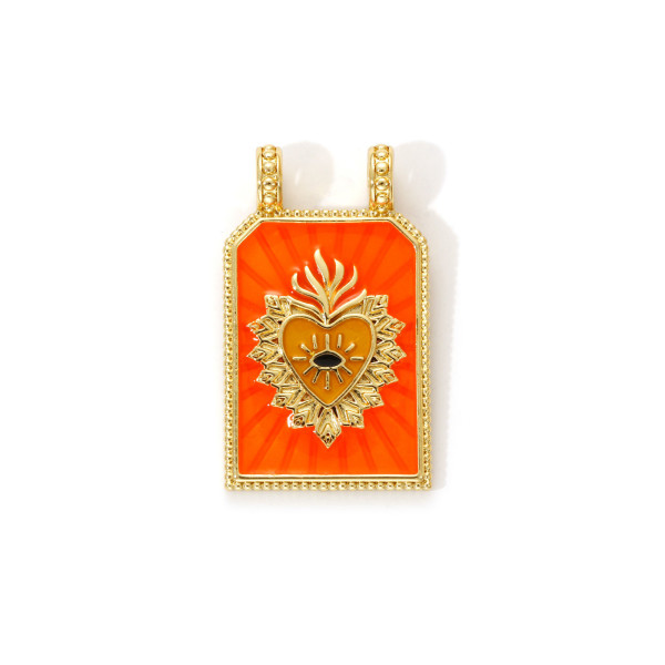 Pendentif Double Anneau Rectangle avec Cœur Ex-Voto Émaillé 29 mm – Laiton Doré à l’Or Fin 18K
