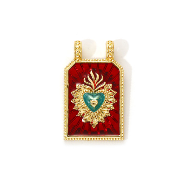 Pendentif Double Anneau Rectangle avec Cœur Ex-Voto Émaillé 29 mm – Laiton Doré à l’Or Fin 18K