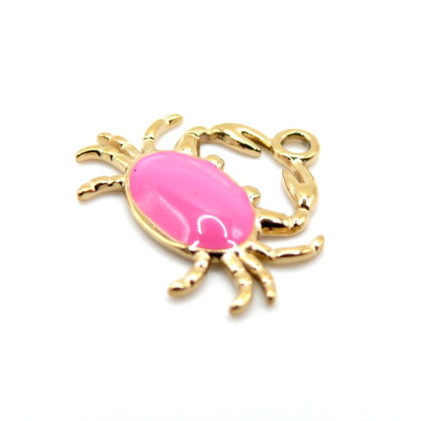 Pendentif Crabe 20 mm avec résine émaillée rose flashy – Acier Inoxydable 304 Doré à l’or fin 14K, PVD